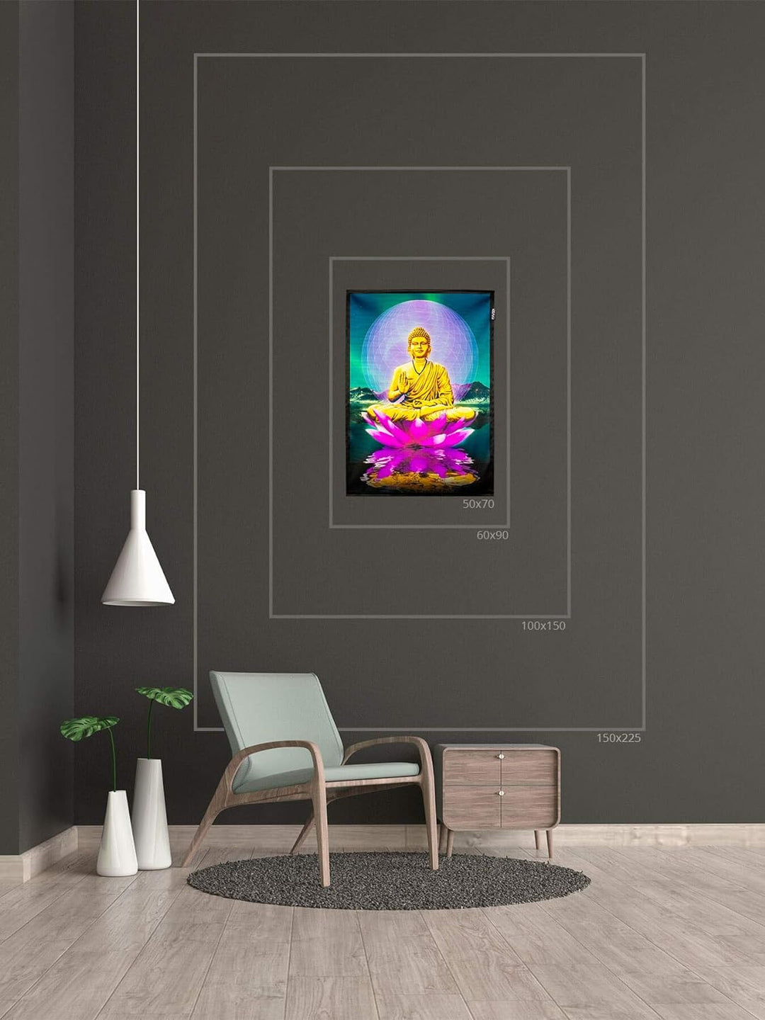 PSYWORK Schwarzlicht Stoffposter Neon | Sacred Lotus Buddha | 0,5 x 0,7m | UV-aktiv | fluoreszierend