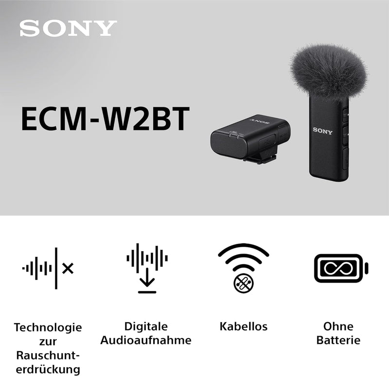 Sony ECM-W2BT Drahtloses Mikrofon mit Bluetooth-Verbindung, schwarz Vlogging-Mikrofon Single