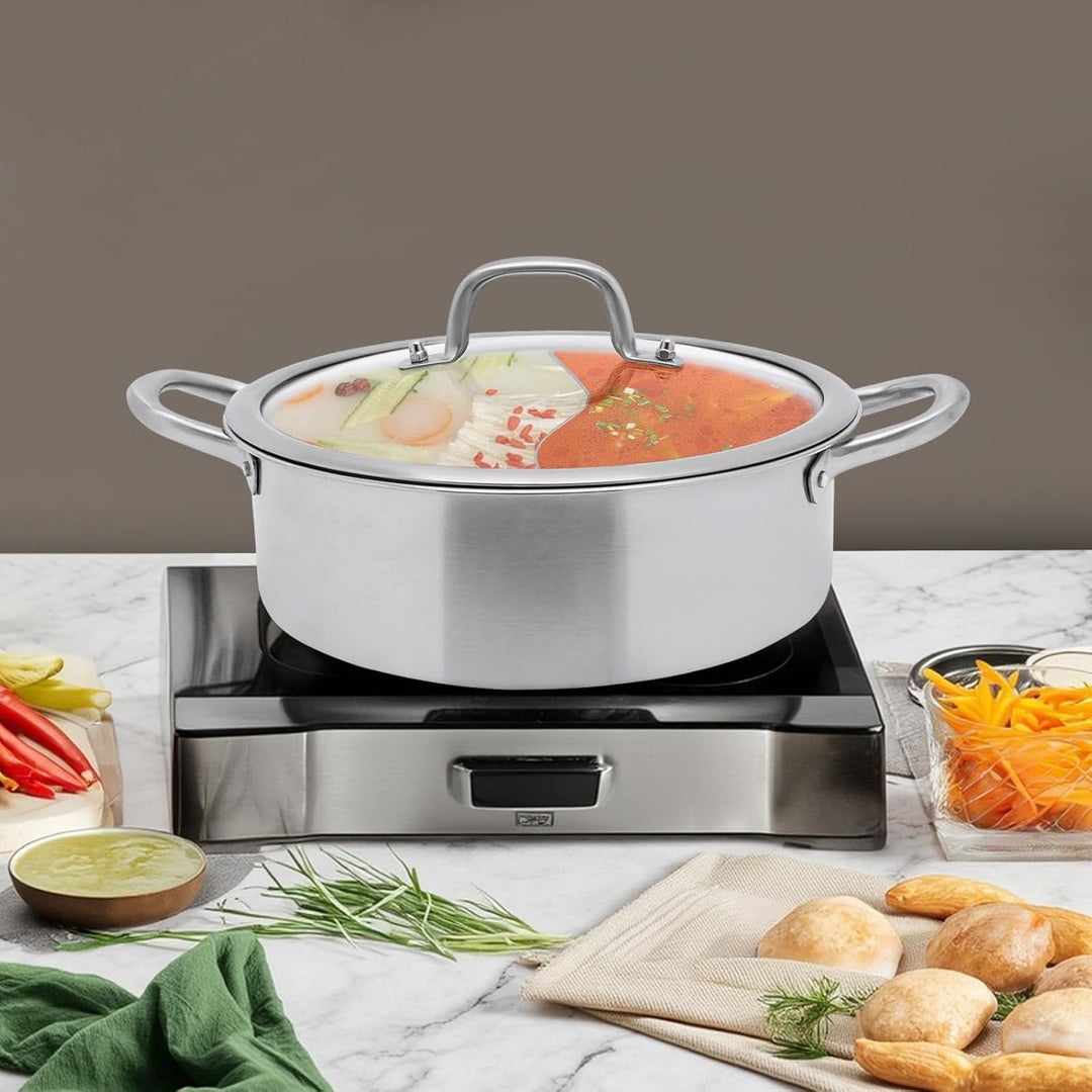 Hot Pot Edelstahl Hotpot Topf mit Glasdeckel, Suppenkelle & Sieb, Chinesischer Hot Pot Fondue Edelst