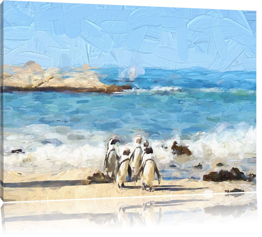 Pinguine am Strand als Leinwandbild/Grösse: 100x70 cm/Wandbild/Kunstdruck/fertig bespannt, 100x70