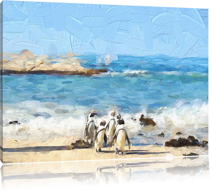 Pinguine am Strand als Leinwandbild/Grösse: 100x70 cm/Wandbild/Kunstdruck/fertig bespannt, 100x70