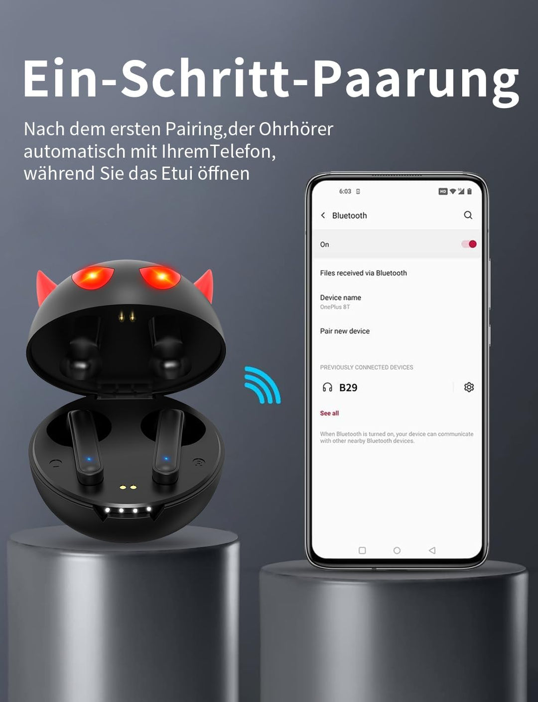 Togetface Drahtlose Kopfhörer für Kinder, Bluetooth Little Devil Kopfhörer mit Ladebox, wasserdichte