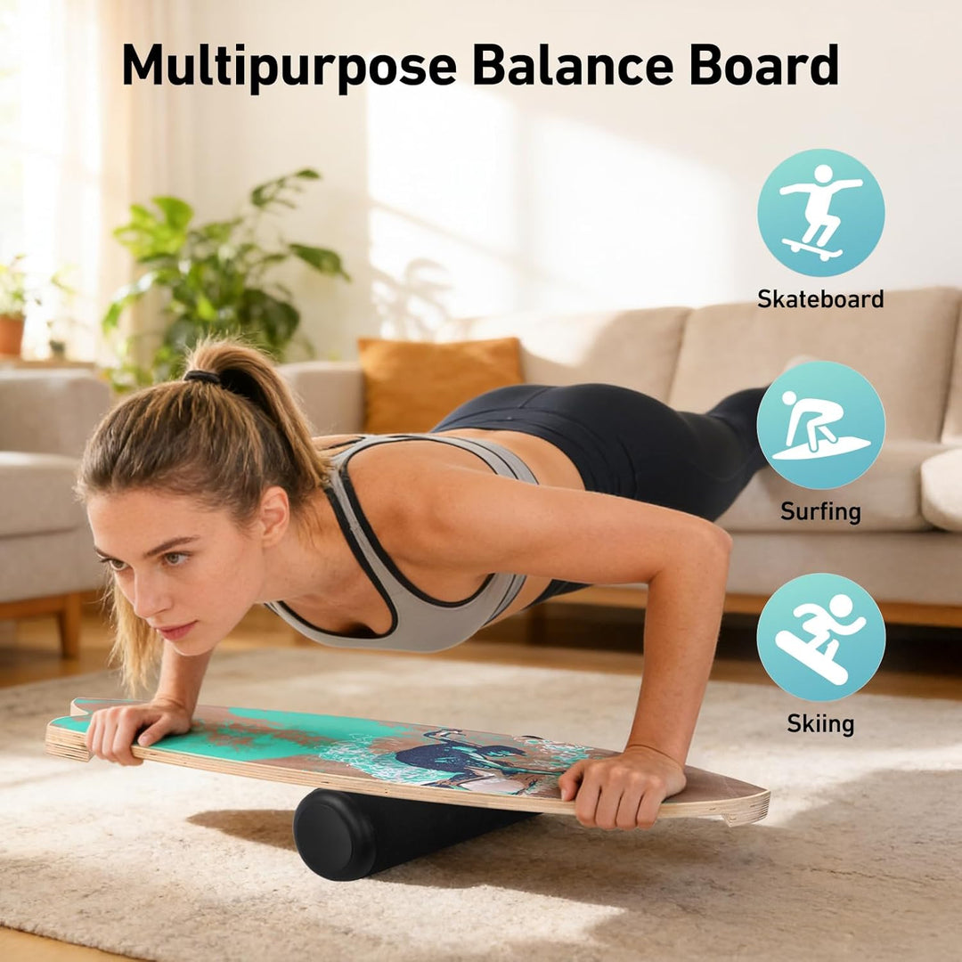 Balance Board mit Korkrolle 33cm, 75x28cm Surfboard Trainer aus Holz, Gleichgewichtsboard mit Stoppe