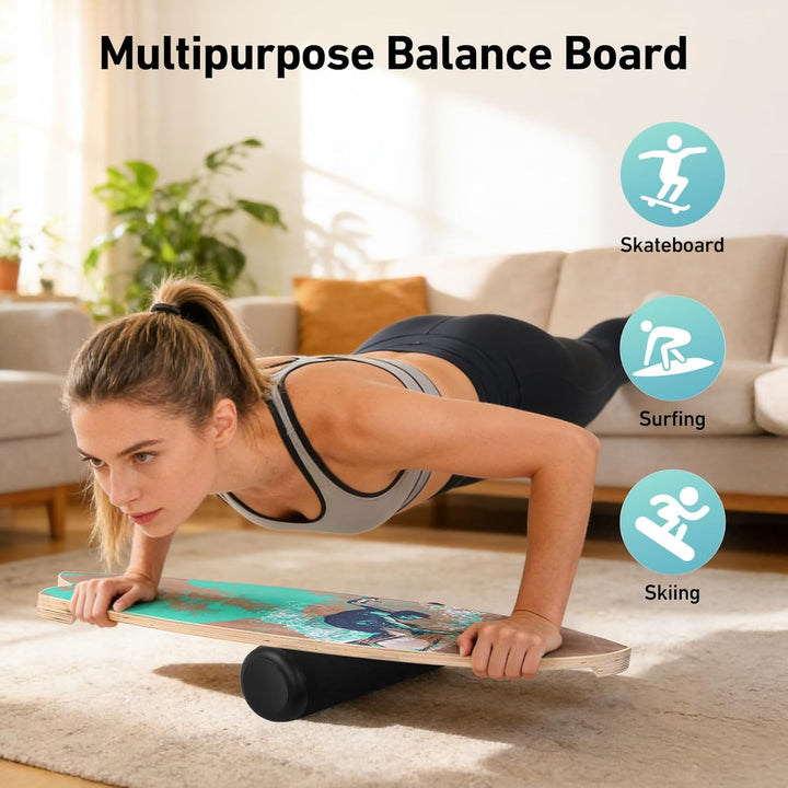 Balance Board mit Korkrolle 33cm, 75x28cm Surfboard Trainer aus Holz, Gleichgewichtsboard mit Stoppe