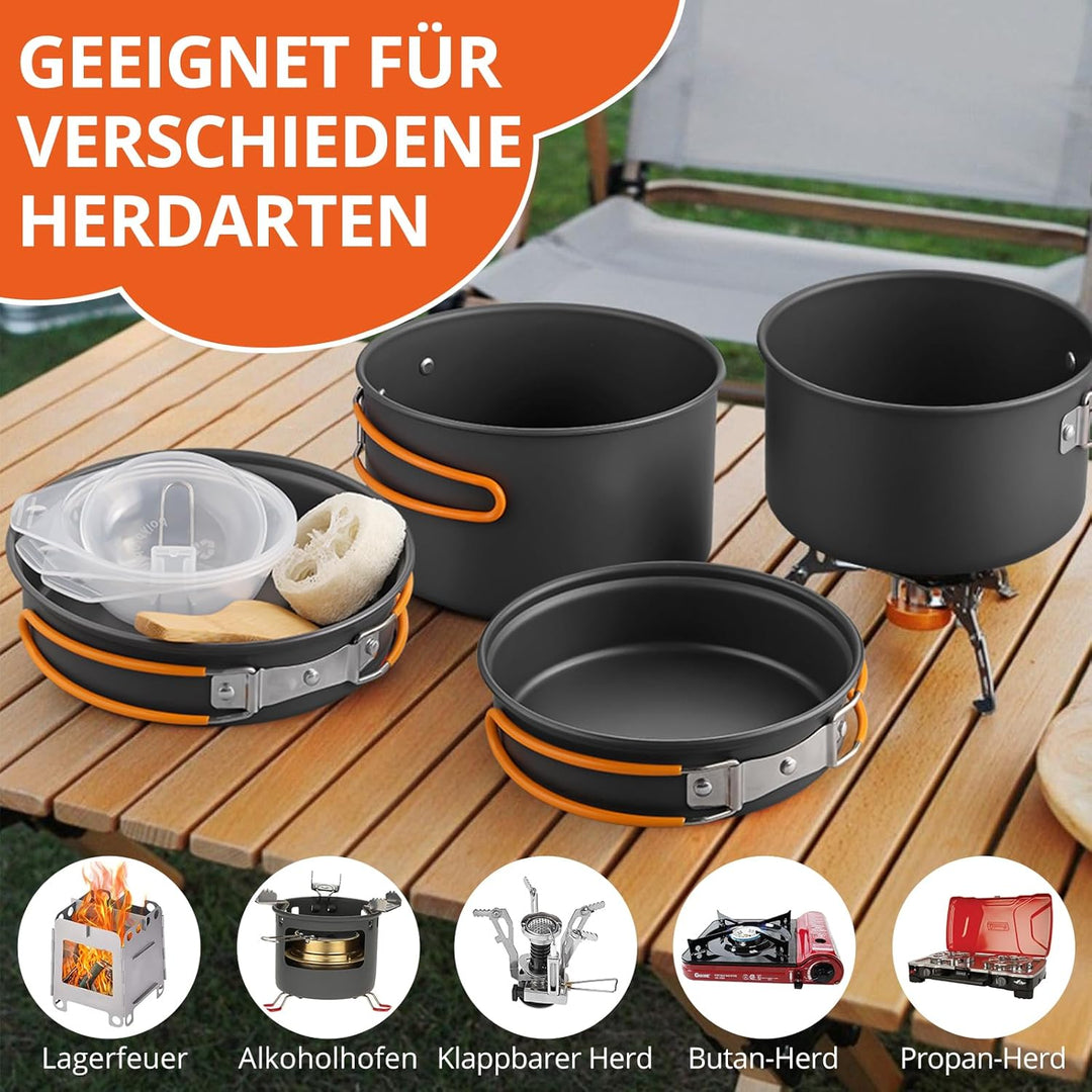 FUNYKICH Camping Kochgeschirr Set,11 Teilig Outdoor Geschirr Aluminium Campingkocher mit Topf Schale