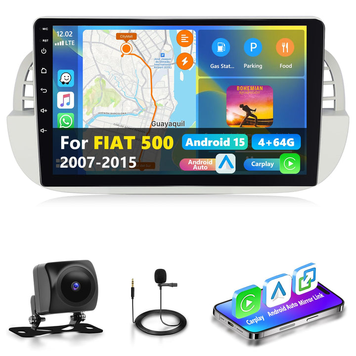4GB+64GB Autoradio für FIAT 500 2007-2015 Radio mit Carplay, 9 Zoll Bildschirm Wireless Android Auto