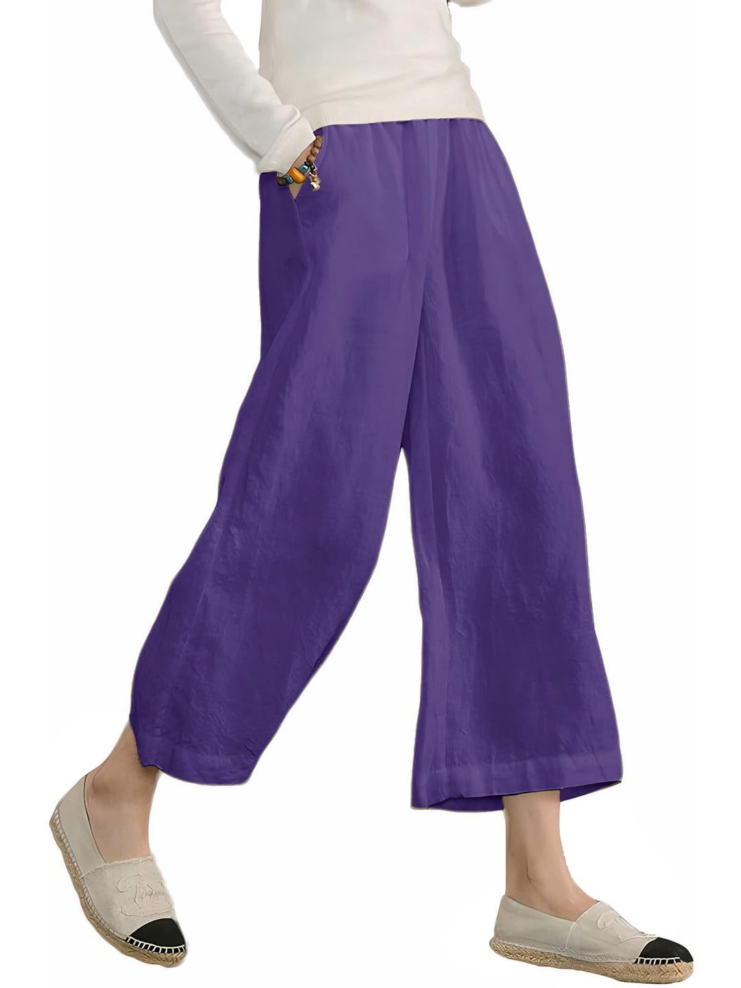Ecupper Capris Hose Damen Sommer Stoffhose Weitehosen | Damen Sommerhose Capris, elastischer Bund, w