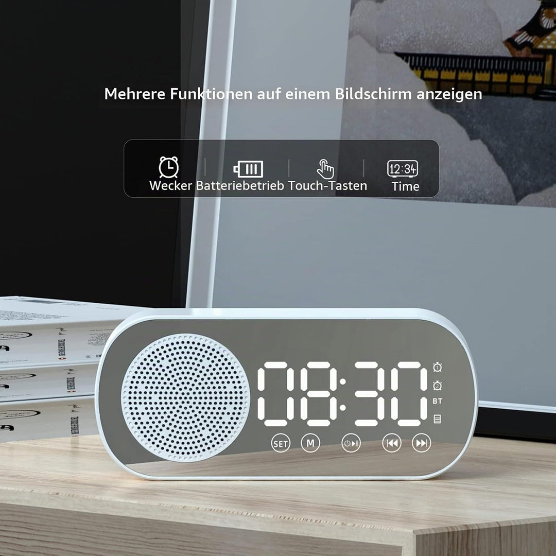 Elektrischer Wecker, Grosses Display, Drahtloser Bluetooth 5.0-Lautsprecher, Wecker mit Spiegeloberf