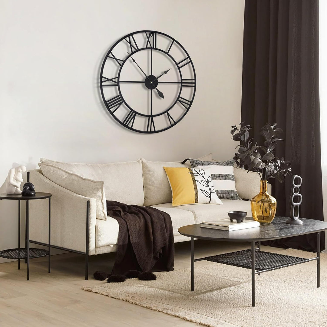 HAITANG 80cm grosse Wanduhr, übergross modernes rundes, schwarz Metall geräuschlos, Fast Nicht ticke