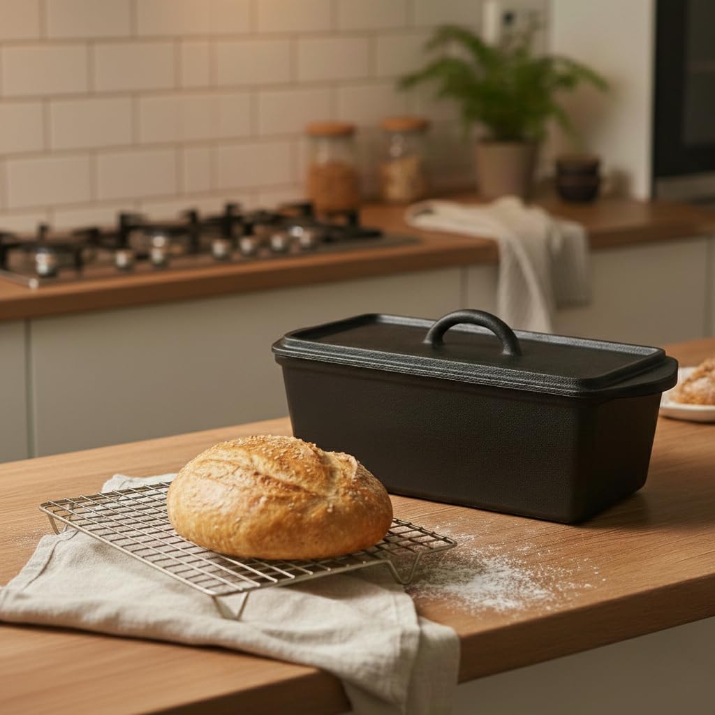 Xenia 28cm Brotbackform aus Gusseisen mit Deckel und Silikongriffen–ofenfest, mit pflanzlichem Öl–Ka