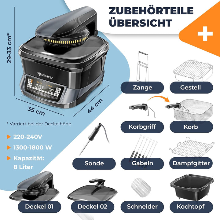 KESSER® Multikocher mit Heissluftfritteuse 8L & 16 Programme Küchengerät - Grillen, Backen, Schmoren