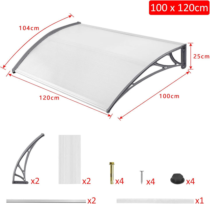 NAIZY 120 x 100cm Vordach für Haustür Pultbogenvordach Überdachung Haustür aus Polycarbonat und Alum