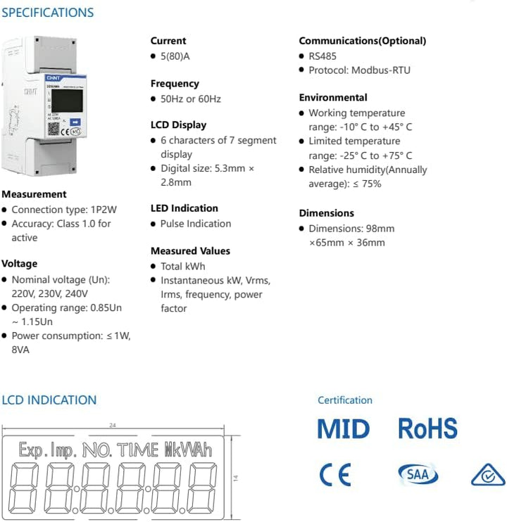 DDSU666 Einphasig Elektronischer Vierleiter-Energiezähler, Stromzähler für Solaranlagen PV System, S