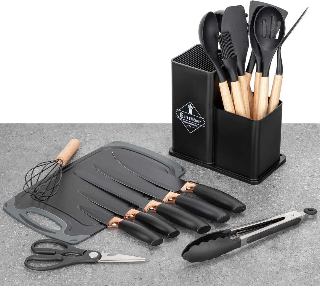EliteHoff Küchenmesser-Set 19-teilig – Silikon-Küchenutensilien-Set mit Holzgriffen, 5 Messer, 12 Ko