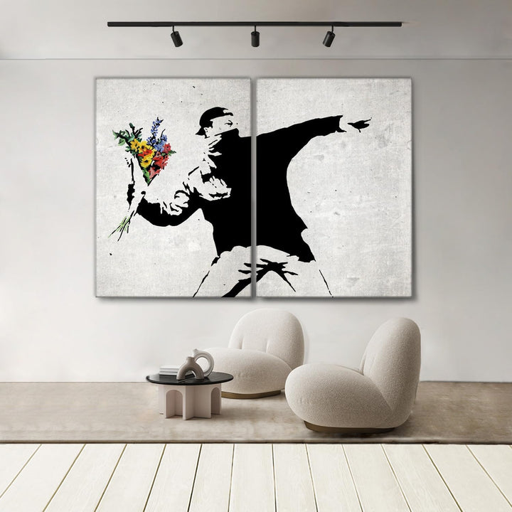 Giallobus - Grosse Gemälde im XXL-Format - Banksy - Street Art - Blumenwerfer - Leinwand - 204x140cm