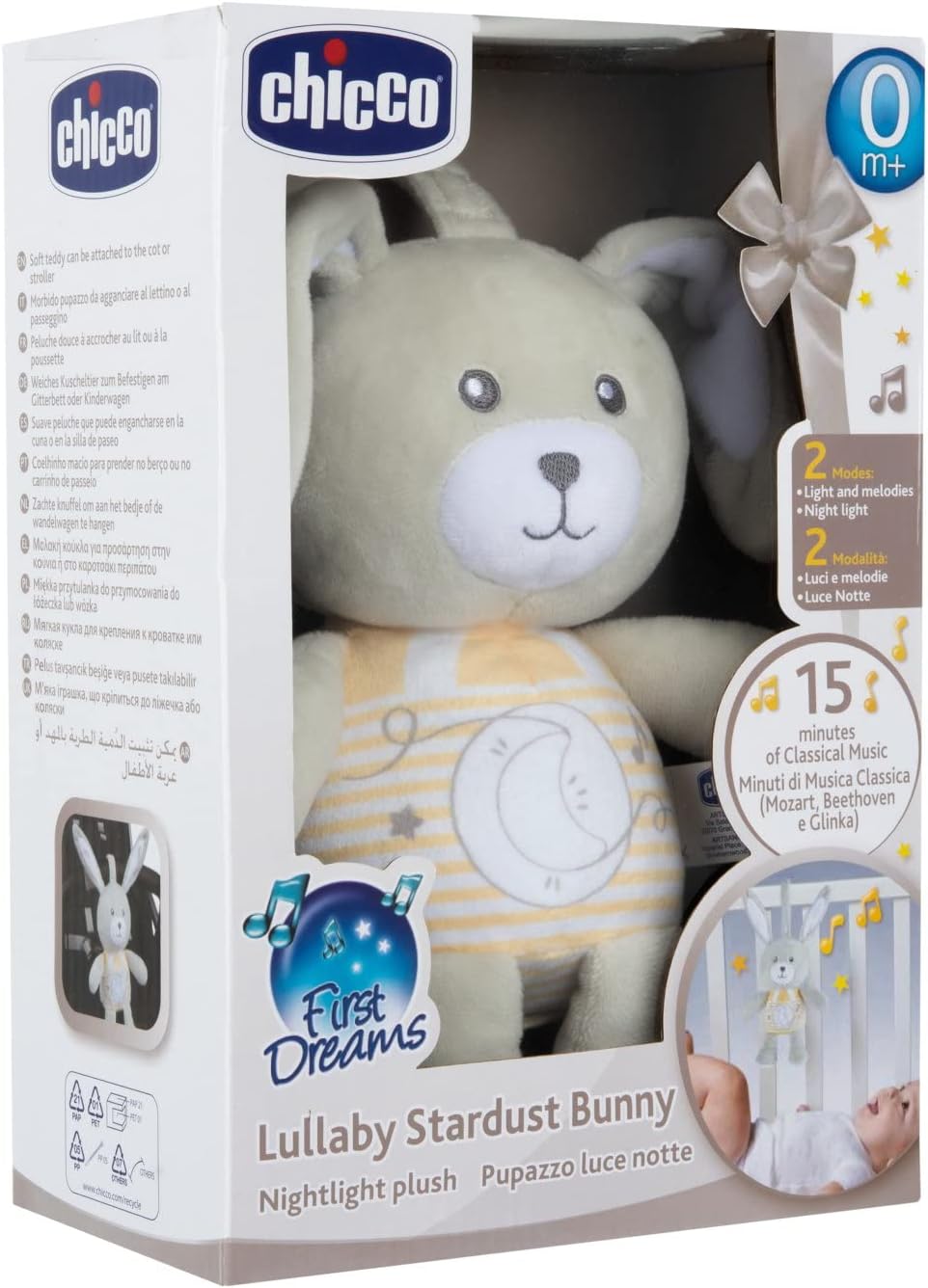 Chicco First Dreams Hasen-Stofftier mit Nachtlicht, weich, mit Bändern zum Befestigen, mit sanftem L