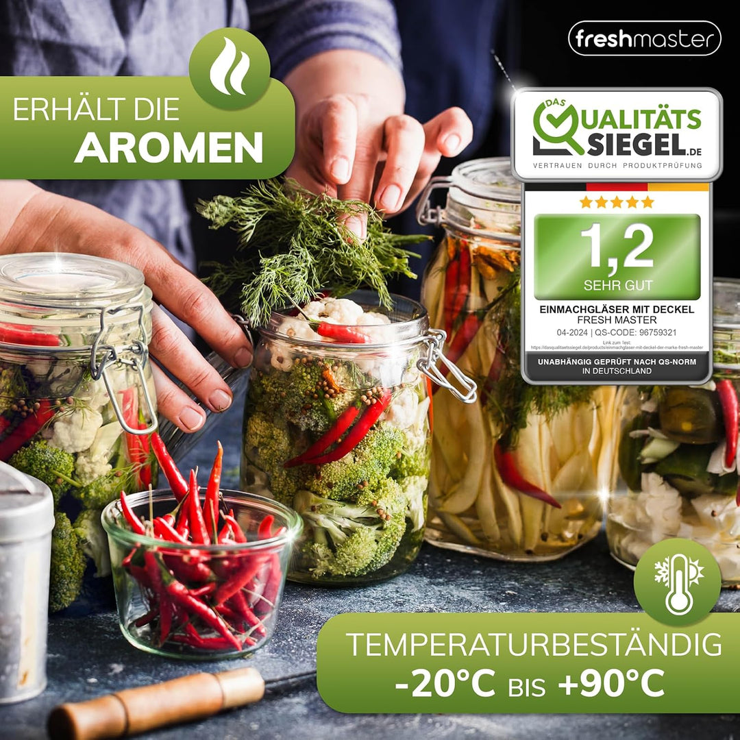 freshmaster Einmachgläser mit Deckel - Set aus bruchsicherem Glas mit Spezialdichtung und Edelstahl