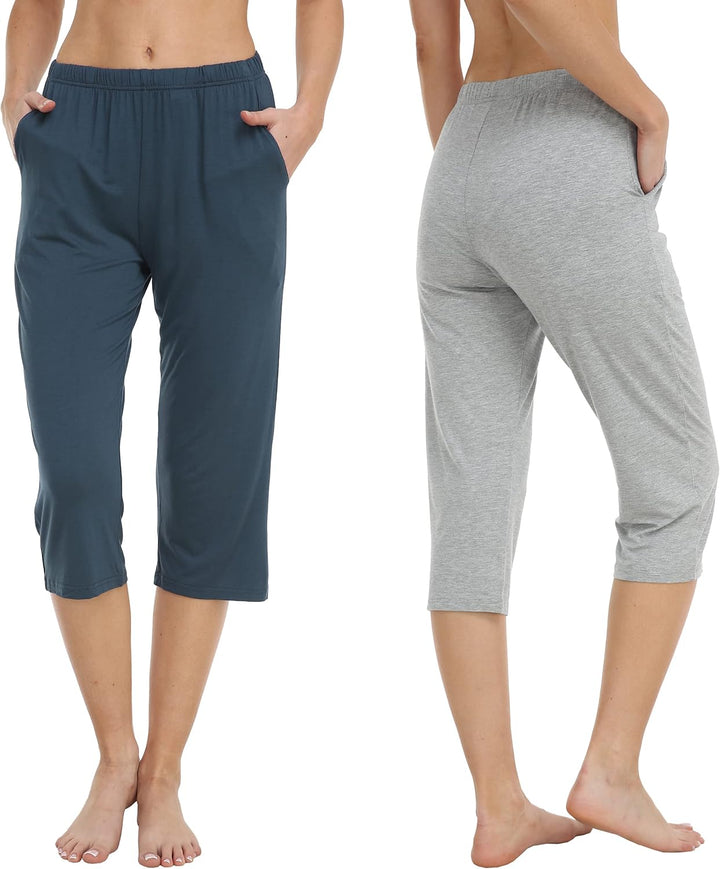 MoFiz Damen Schlafanzughose 3/4 Lang Schlafhose Modal Nachtwäsche Weich Pyjamahose Freizeithose mit