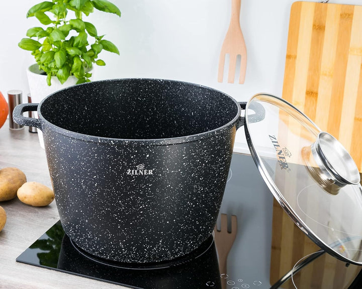Zilner Topf 10,2 L - Robuster Kochtopf mit Deckel mit Aroma-Knopf - Marmorbeschichtung - für alle He