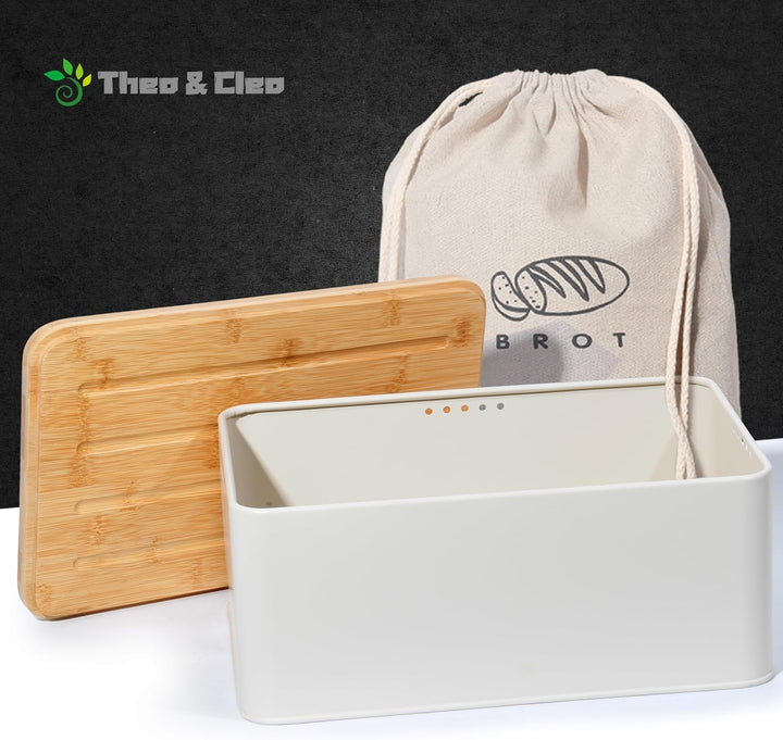 Theo&Cleo Brotkasten mit Schneidebrett , 33x21x15cm , Matte Brotbox mit Bambusdeckel und Leinen Brot