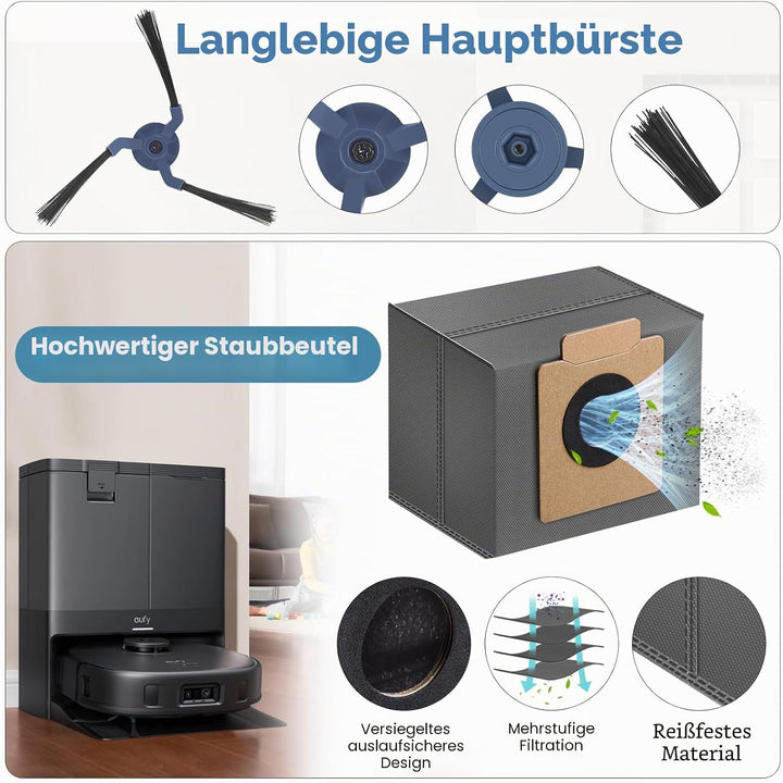 21 Stück Ersatzteile Zubehörset für Eufy X10 Pro Omni Staubsauger, 2 Hauptbürsten, 4 Seitenbürsten,