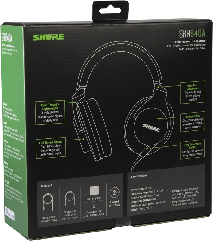 Shure SRH840A Over -Ear Over -Ear -Kabel -Kopfhörer für kritisches Hören und Überwachung, profession