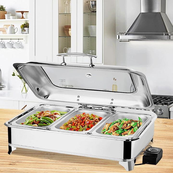 Chafing Dish Elektrisch 9L, Catering Warmhaltebehälter Edelstahl, Rechteckiger Chafing Dish Set Spei