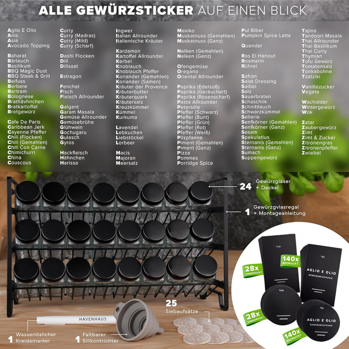 Havenhaus Gewürzregal Set schwarz | Gewürzregal stehend inkl. 24 Gewürzgläser+336 Gewürzetiketten de