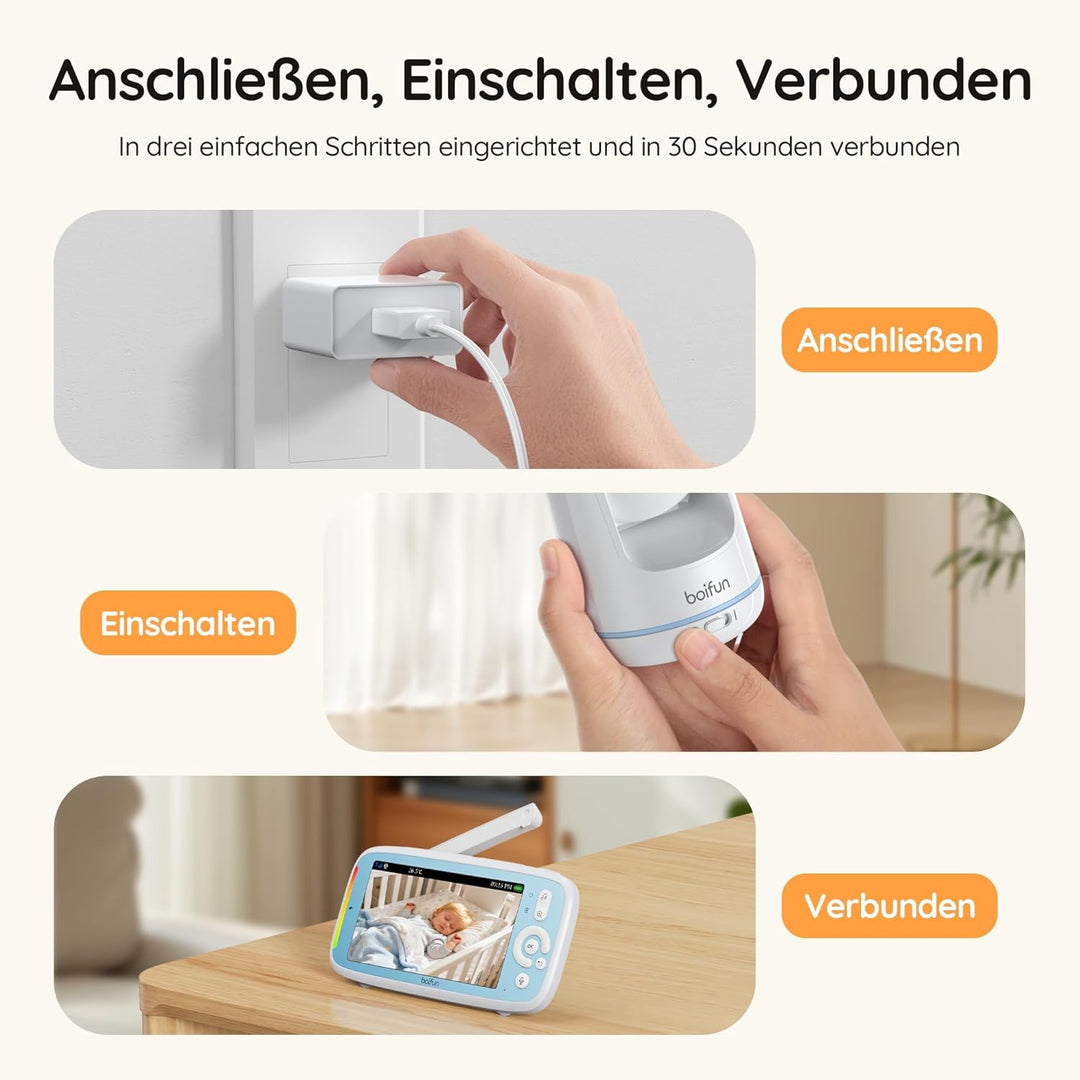 BOIFUN babyphone mit 2 kameras, 5 Zoll 720P HD IPS Bildschirm PTZ 360° View 3×Zoom VOX-Modus babyfon