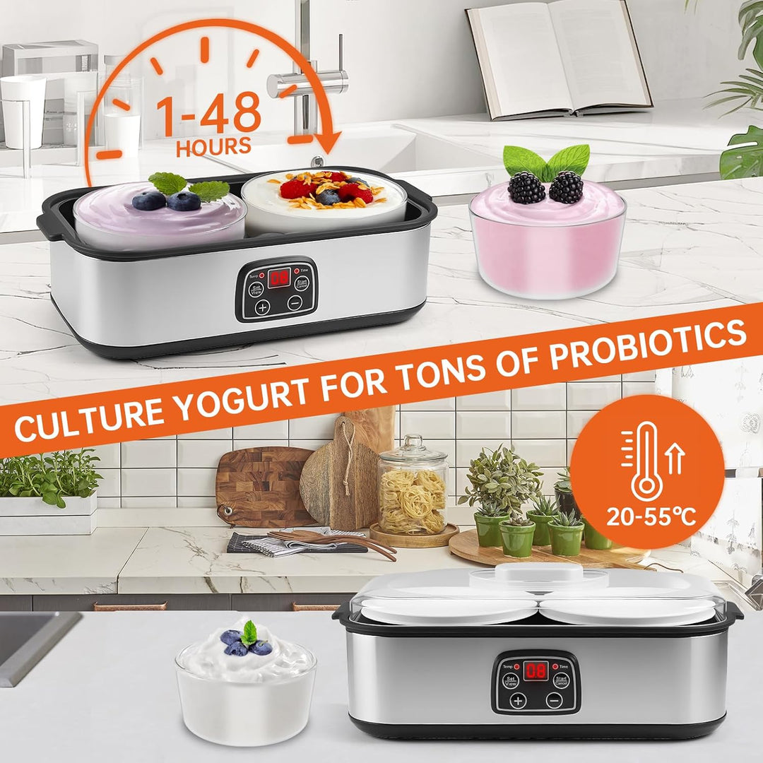 2L Joghurtbereiter Elektrischer Joghurt, Marmelade Eis & Pudding Maker mit 2 Glasbechern LED Timer P