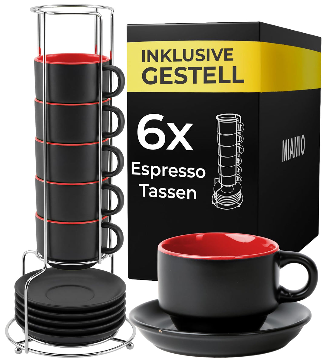 MIAMIO - 6 x 75 ml Espressotassen Set/Espresso Tassen Set mit Untertasse & Ständer - Kaffeetassen Se