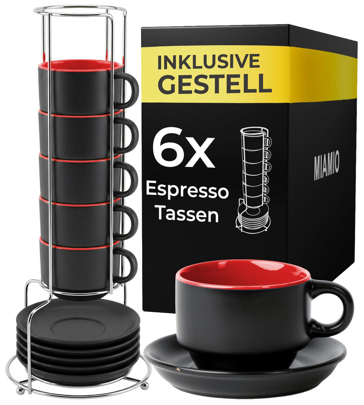 MIAMIO - 6 x 75 ml Espressotassen Set/Espresso Tassen Set mit Untertasse & Ständer - Kaffeetassen Se
