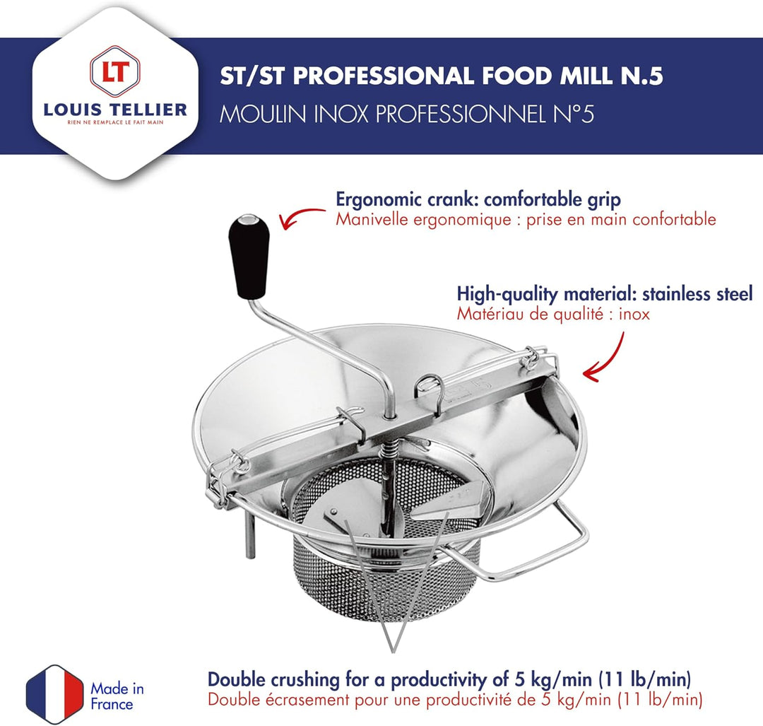 LOUIS TELLIER Professionelle Edelstahl-Lebensmittelmühle – inklusive 3 mm Scheibe – hohe Produktivit