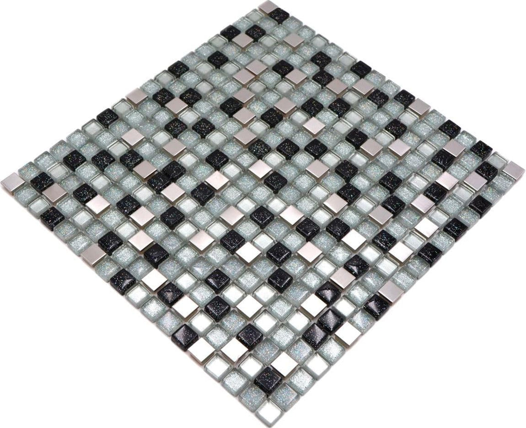 Glasmosaik Quadrat Crystal/Stahl mix silber/schwarz Transluzent Transparent 3D, Mosaikstein Format: