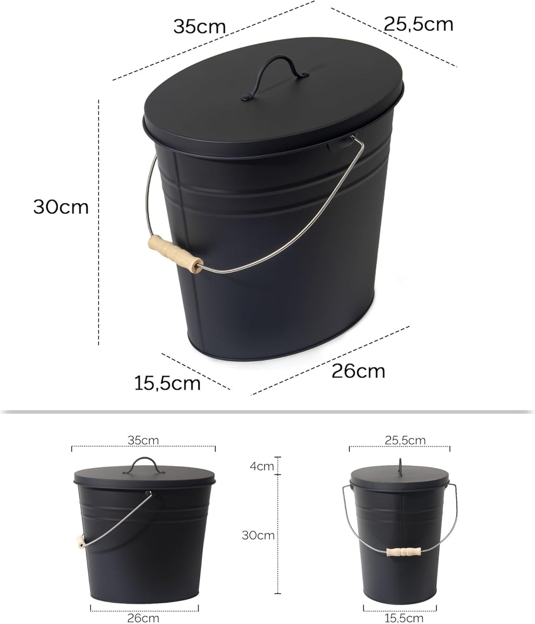 Theo&Cleo 15L Ascheeimer mit Deckel und Schaufel, Feuerfest Metalleimer, Kohleeimer für Kohle und As