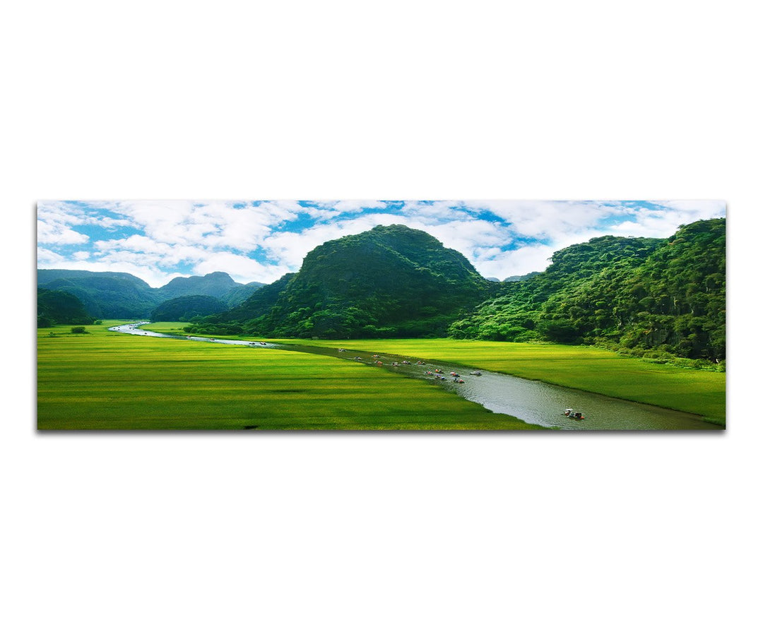 Paul Sinus Art Panoramabild auf Leinwand und Keilrahmen 120x40cm Vietnam Reisfeld Berge Fluss Boote