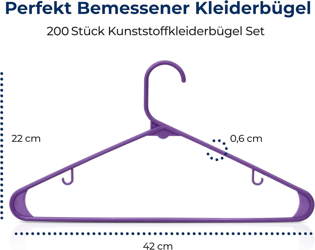 SereneLife Kleiderbügel 200Stück – Lila Kunststoff Aufhänger für Kinder & Erwachsene – Platzsparende