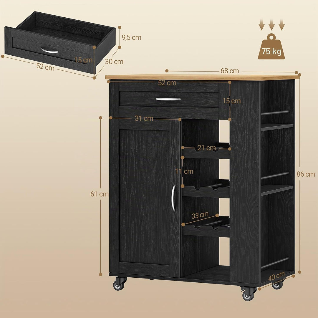 Hzuaneri Servierwagen, Küchenwagen Mit Rädern, 68 × 86 × 40 cm, Schwarz | Weinregal, Kücheninsel, Ko