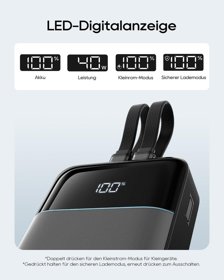 CUKTECH Power Bank 20000mAh 40W Tragbares Ladegerät mit Integriertem USB-C und MFi-zertifiziertem Li