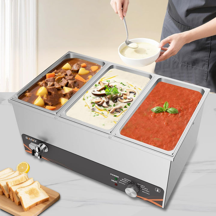 DULNICE Bain Marie Speisewärmer Elektrische Edelstahl 1500W 3 GN-Behältern Wasserbad mit Ablaufhahn,