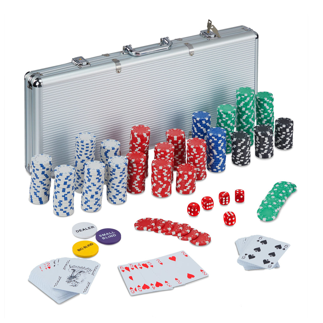 Relaxdays Pokerkoffer, 500 Pokerchips ohne Wert, 2 Kartendecks, 5 Würfel, Button Set, abschliessbar,