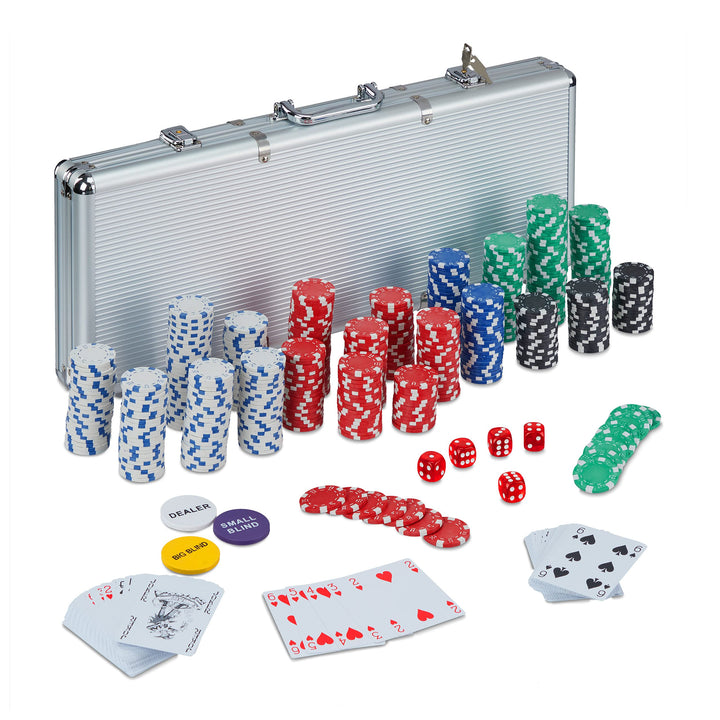 Relaxdays Pokerkoffer, 500 Pokerchips ohne Wert, 2 Kartendecks, 5 Würfel, Button Set, abschliessbar,