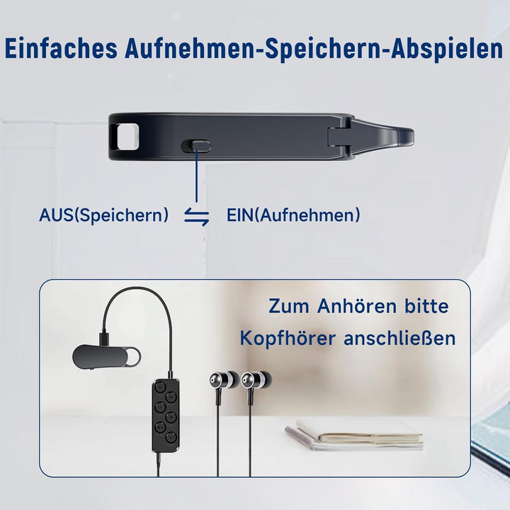 64GB Ponovo Diktiergerät im Schlüsselanhänger-Design mit Metallgehäuse, EIN-Tasten-Bedienung, 1536kb