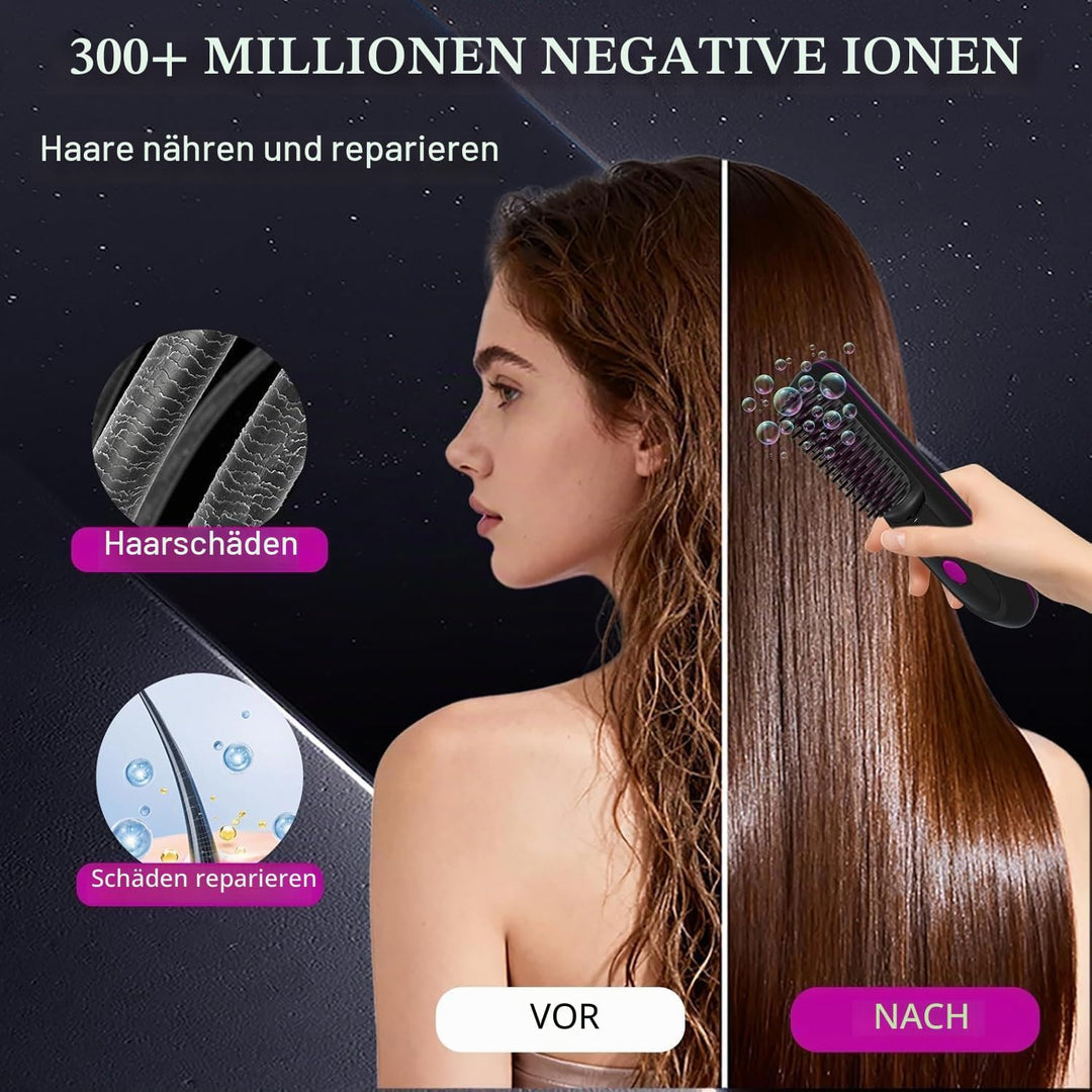 Glättbürste Kabellos, 2026 Neu Haarglätter Bürste, Stylingbürste für Kurze Haare Langes, Tragbare Ha