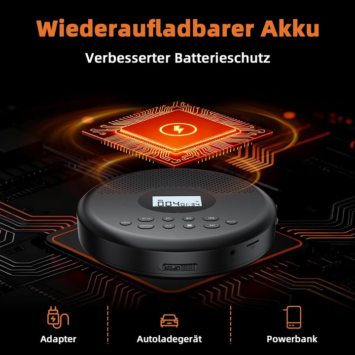 Arafuna Tragbarer CD-Player, CD Player Bluetooth Mit wiederaufladbarem Akku/Lautsprechern/Kopfhörern