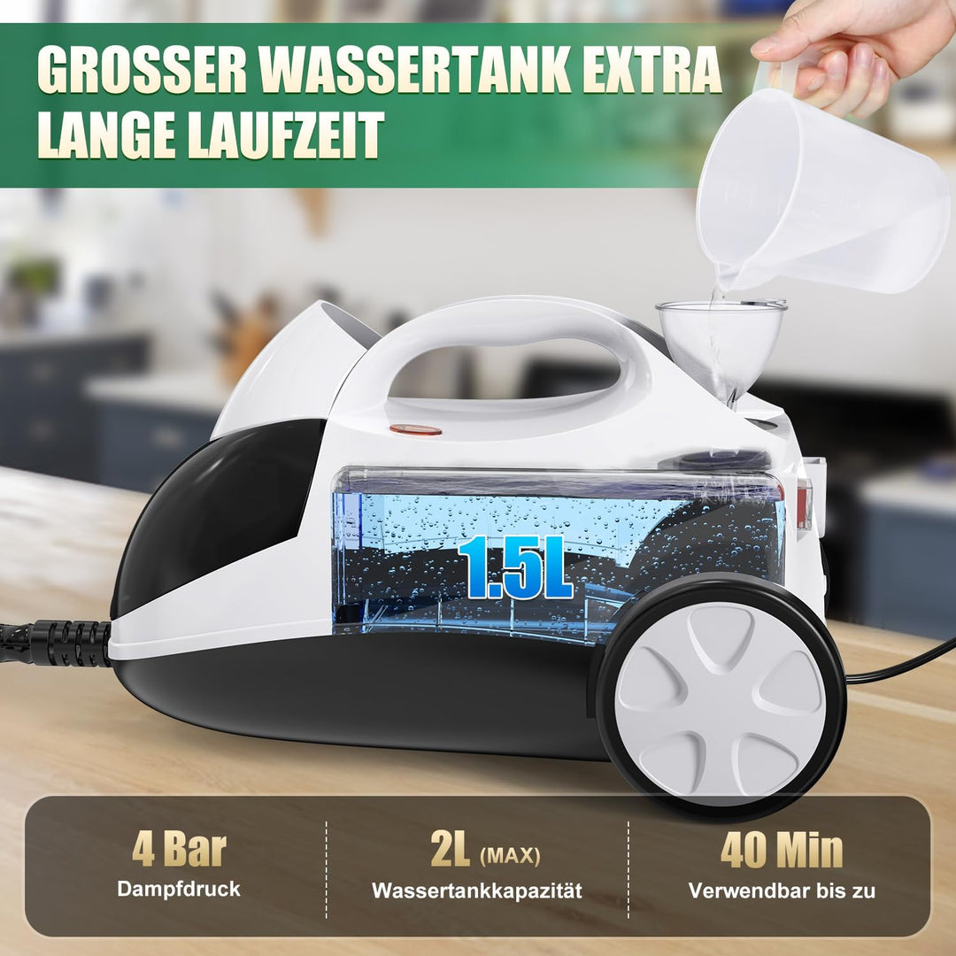 Rolipo Dampfreiniger, Dampfdruck: 4 Bar, Leistung: 2000 W, Tank: Max 2 L, Nutzungsdauer: 40 Minuten,
