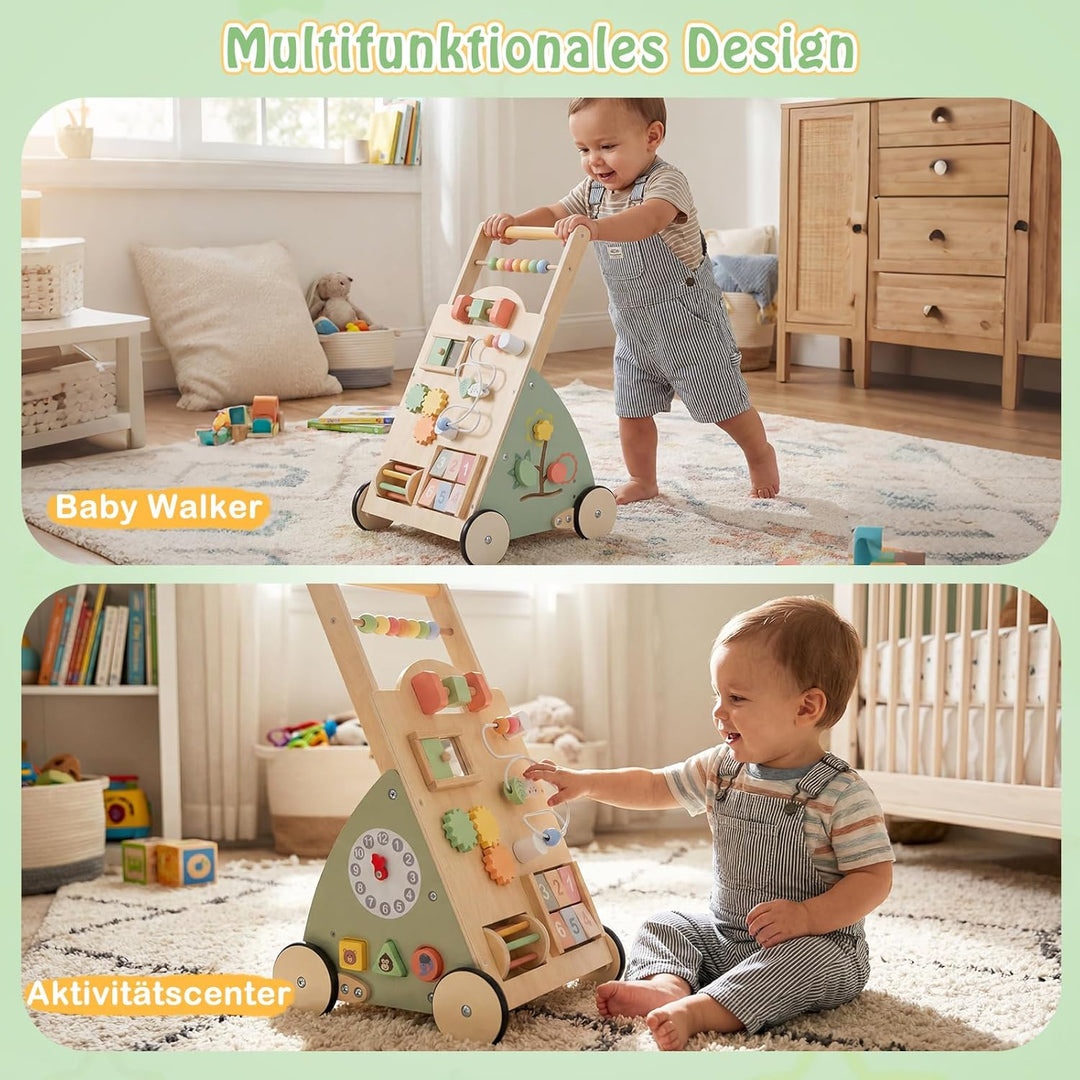 COSTWAY Baby Lauflernwagen Holz, Lauflernhilfe mit Activity Board, Rädern & Aufbewahrungskorb, Laufw