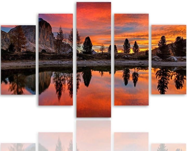 Bilder Landschaft 100x70 cm - Leinwandbild - 5 Teilig - Kunstdruck Berg See rot Leinwandbild 100x70