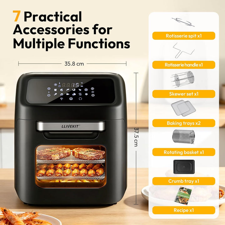 LLIVEKIT Heissluftfritteuse Heissluft-Backofen 12L, Mini-Backofen 1800W mit 6 Zubehör & Rezeptbuch,