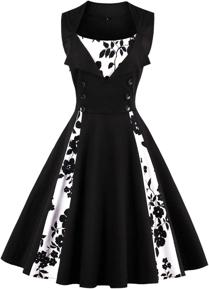 Axoe Damen 50er Jahre Kleider mit Gepunkte Rockabilly, M Schwarz-blumen